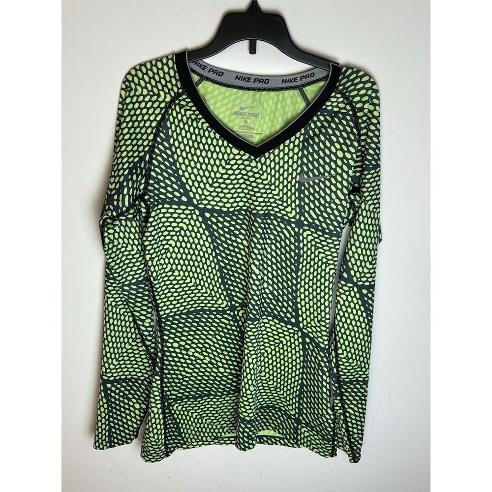 Nike Pro Dri-Fit Women's M Athletic Top Shirt Green Fishnet Print Fitted V-Neck